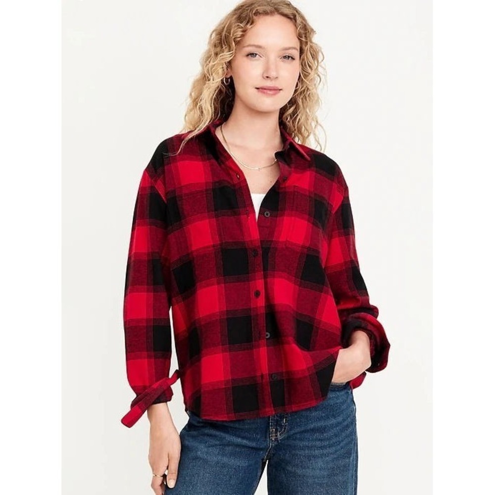 Old Navy Women's Flannel Boyfriend Button-Down Shirt - Red Buffalo Check - XXLT